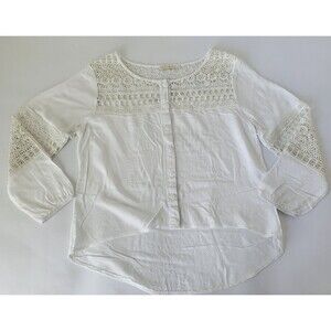 Facinelli Blouse Crochet Button Down White Womens Small Boho Collarless High Low